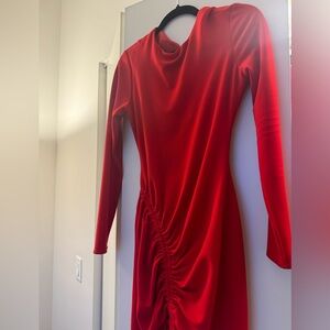 Red mini zara dress, rouching and open back detail. can still wear a bra with it